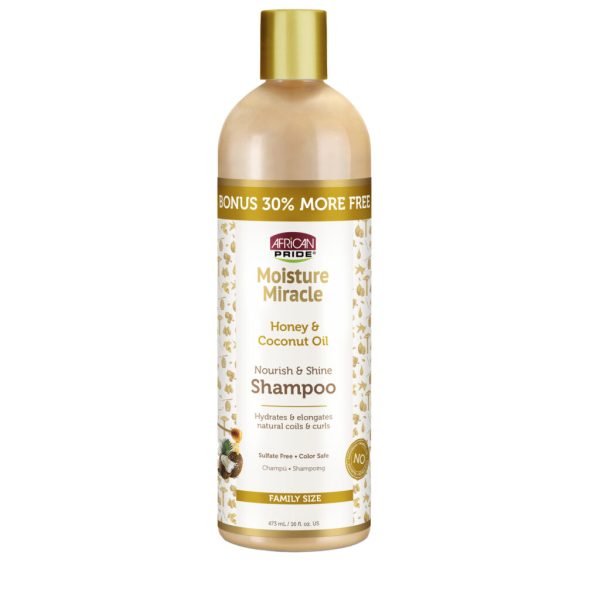 شامپو بدون سولفات فریکن پراید آبرسان و مغذی موی فر African Pride Moisture Miracle Honey & Coconut Oil Shampoo حجم 473 میلی لیتر