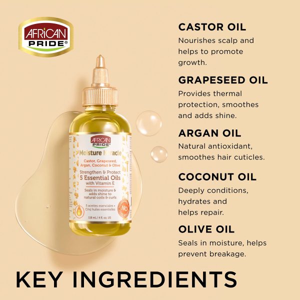 روغن موی فر افریکن پراید تقویت کننده و محافظ مو African Pride Moisture Miracle 5 Essential Oils حجم 118 میلی لیتر - Image 2