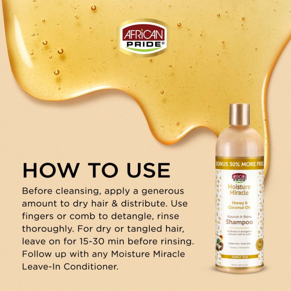 شامپو بدون سولفات موی فر افریکن پراید AFRICAN PRIDE MOISTURE MIRACLE  HONEY & COCONUT OIL SHAMPOO حجم 473 میلی لیتر - Image 4