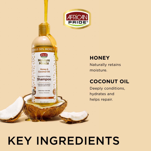 شامپو بدون سولفات موی فر افریکن پراید AFRICAN PRIDE MOISTURE MIRACLE  HONEY & COCONUT OIL SHAMPOO حجم 473 میلی لیتر - Image 5