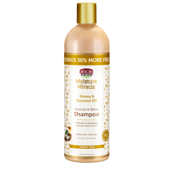 شامپو بدون سولفات موی فر افریکن پراید AFRICAN PRIDE MOISTURE MIRACLE  HONEY & COCONUT OIL SHAMPOO حجم 473 میلی لیتر