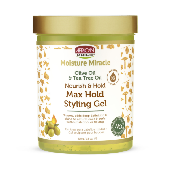 ژل استایل قوی موی فر افریکن پراید حاوی روغن زیتون و روغن درخت چای MOISTURE MIRACLE OLIVE OIL & TEA TREE OIL MAX  HOLD STYLING GEL حجم 511 گرم