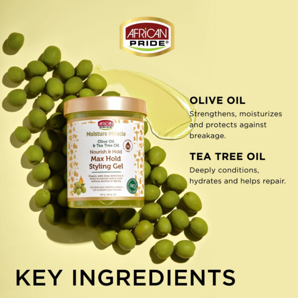 ژل استایل قوی موی فر افریکن پراید حاوی روغن زیتون و روغن درخت چای MOISTURE MIRACLE OLIVE OIL & TEA TREE OIL MAX  HOLD STYLING GEL حجم 511 گرم - Image 4