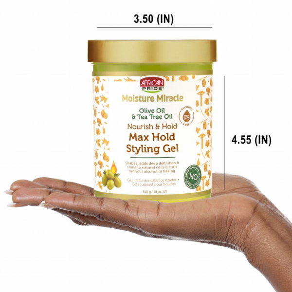 ژل استایل قوی موی فر افریکن پراید حاوی روغن زیتون و روغن درخت چای MOISTURE MIRACLE OLIVE OIL & TEA TREE OIL MAX  HOLD STYLING GEL حجم 511 گرم - Image 6